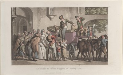 Frihet att sjuka tiggare när de lämnar Yrvi, från Journal of Sentimental Travels in the ..., 1821. av Thomas Rowlandson