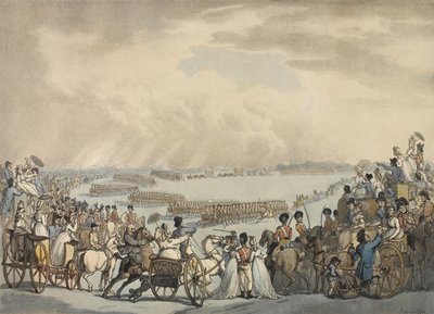 Light Horse Volunteers of London and Westminster, under befäl av överste Herries, granskad av His Majesty på Wimbledon Common, 5 juli 1798 (färgad akvatint) av Thomas Rowlandson