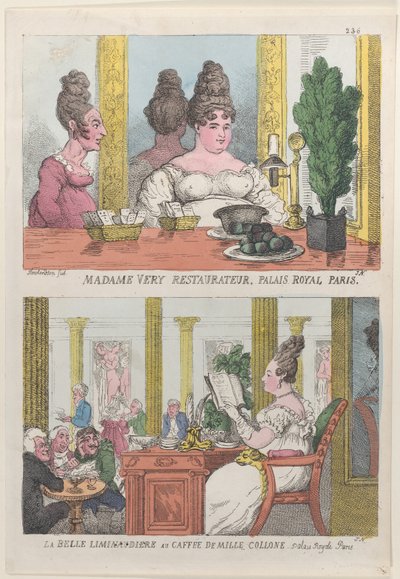 Madame Very Restauranteur, Palais Royal Paris och La Belle Liminaudiere på Caffee De Mille..., 1814. av Thomas Rowlandson