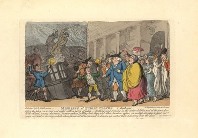 Man och damer söker efter en vagn i en folkmassa i regnet. av Thomas Rowlandson