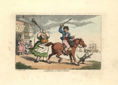 Man slår en envis häst med en gos, medan ägaren Wido av Thomas Rowlandson
