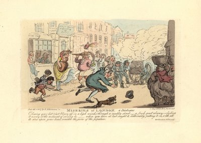 Man jagar sin hatt nerför en lerig gata i stark vind. av Thomas Rowlandson