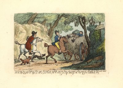 Man till häst bakom en långsamtgående vagn på en smal körfält. av Thomas Rowlandson