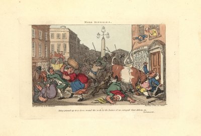 Man fastklämd vid en dörr av hornen på en rasad oxe. av Thomas Rowlandson