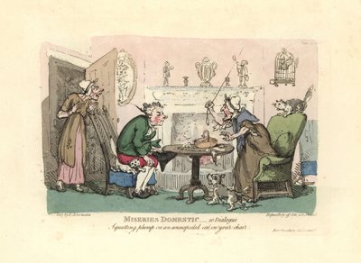 Man sätter sig på en förskräckt katt i sin stol. av Thomas Rowlandson