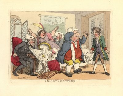 Man står upp medan han kvävs vid middagsbordet. av Thomas Rowlandson