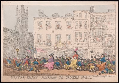 Mästare Billys procession till Grocers Hall, pub. 1784 (handfärgad gravyr) av Thomas Rowlandson