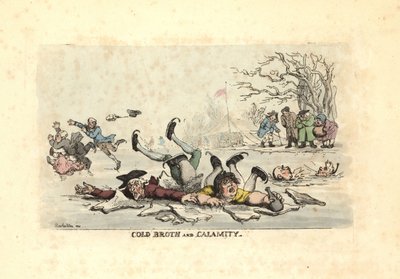Män och kvinnor åker skridskor på tunn is och faller ner i en iskall ri av Thomas Rowlandson