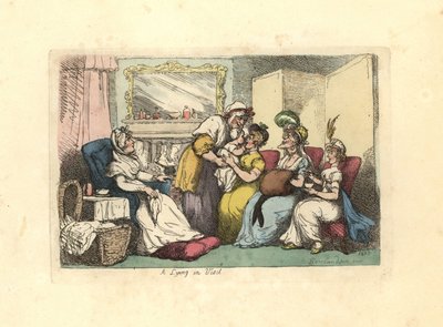 Mamma med nyfödd baby besöks av flera kvinnor i en salong. av Thomas Rowlandson