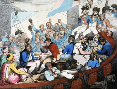 Napoleonkrigen, Egyptiska kampanjen (expeditionen) (1798-1801): Amiral Horatio Nelson (1758-1805) firar med sina trupper sin strålande seger i slaget vid Nilen (slaget vid Aboukir) (augusti 1798), ombord på sin båt av Thomas Rowlandson
