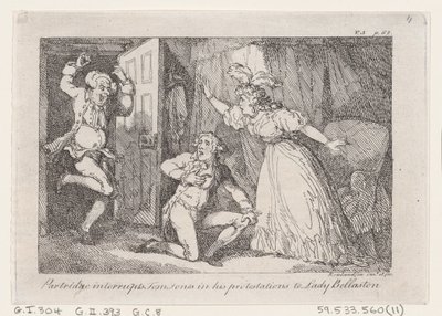 Partridge avbryter Tom Jones i sina protester mot Lady Bellaston, från The History o..., 1792. av Thomas Rowlandson