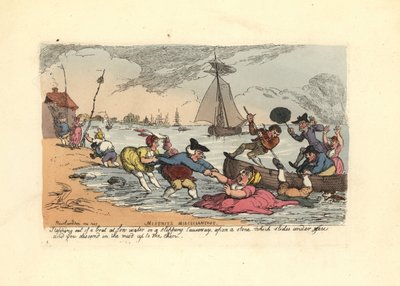 Passagerare halkar och faller ner i flodens lera. av Thomas Rowlandson
