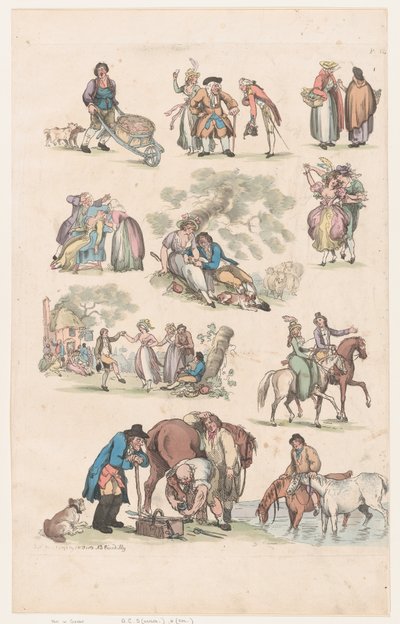Plåt 14, konturer av figurer, landskap och boskap...för lärarnas bruk, Ju..., 1 juni 1790. av Thomas Rowlandson