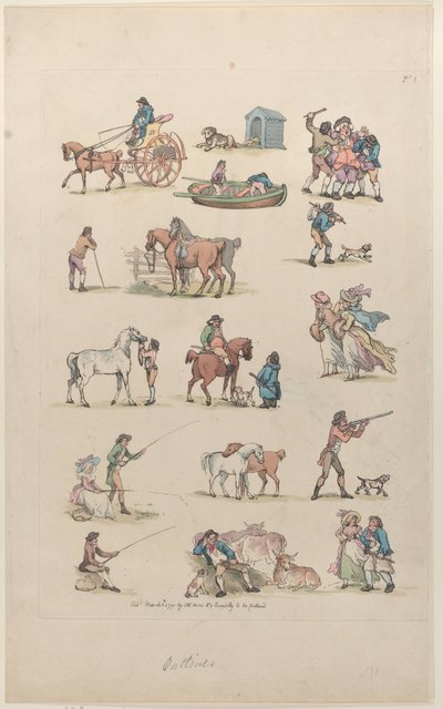 Plåt 1, konturer av figurer, landskap och boskap...för lärarnas bruk, Ma..., 8 mars 1790. av Thomas Rowlandson
