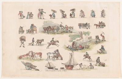 Plåt 2, konturer av figurer, landskap och boskap...för lärarnas bruk, Ma..., 8 mars 1790. av Thomas Rowlandson