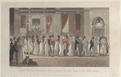 Quae Genus begått, med ett upproriskt dansparty, till Watch-House, från ..., 1 november 1821. av Thomas Rowlandson