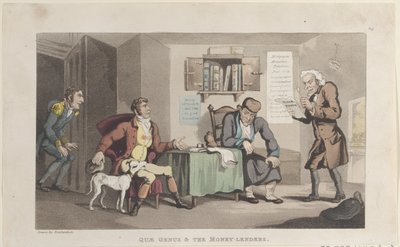 Quae Genus & The Money Lenders, från The History of Johnny Quae Genus, The L..., 1 september 1821. av Thomas Rowlandson