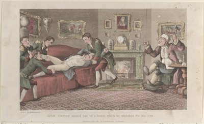 Quae Genus vände ut ur ett hus som han misstar för sitt eget, från The Hist..., 1 februari 1822. av Thomas Rowlandson