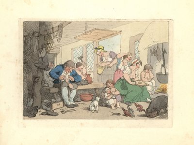 Regency skomakare lagar skor i ett trångt rum. av Thomas Rowlandson