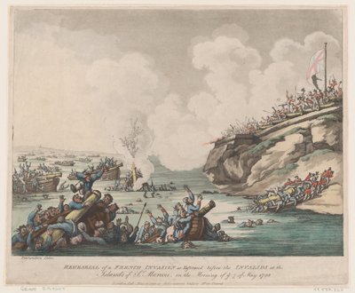 Repetition av en fransk invasion som utfördes inför de invalider på öarna ..., 18 maj 1798. av Thomas Rowlandson