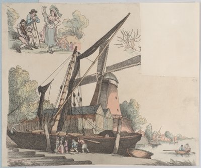 Flodscen med väderkvarn från skylt 9, konturer av figurer, landskap och C..., 20 januari 1791. av Thomas Rowlandson