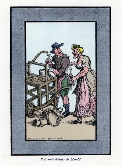 Roaming och klientretamer som visar botten av en kruka. Han slår en metallkruka med en hammare på en bärbar bänk. Trästick, baserad på en målning av Thomas Rowlandson (1756-1827), publicerad i The Cris of London: med sex charmiga barn och nästan 40 i av Thomas Rowlandson