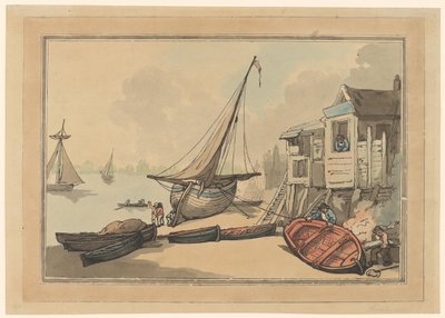 Roddbåtar och ett segelfartyg vid en strand av Thomas Rowlandson