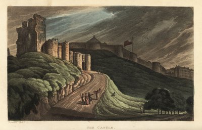 Scarborough Castle: turister som går uppför kullen till stenslottet från 1100-talet. Handkolorerad kopparstick av Thomas Rowlandson efter en skiss av J. Green från Poetical Sketches of Scarborough, Ackermann, London av Thomas Rowlandson