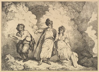 Scen från stormen: Caliban, Prospero och Miranda, [1783-87] återutgiven 1801. av Thomas Rowlandson