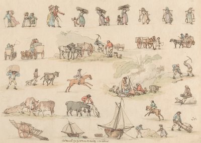 Set om sexton: konturer av figurer och landskap av Thomas Rowlandson
