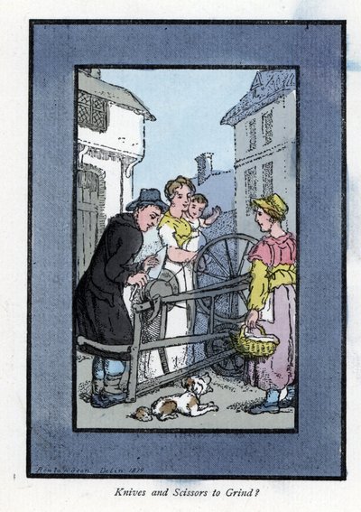 Slipare slipar en kniv på sin slipskiva, med sina kunder (1819). Trägravyr, baserad på en målning av Thomas Rowlandson (1756-1827), publicerad i The Cris of London: med sex charmiga barn och nästan 40 illustrationer, av Andrew Tuer, Fiel av Thomas Rowlandson