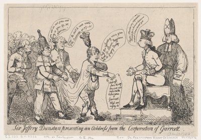 Sir Jeffery Dunstan presenterar ett tilltal från Corporation of Garratt, De..., 30 december 1788. av Thomas Rowlandson