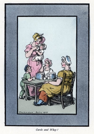 Sittande kvinna som säljer vaktelmjölk och mjölk har en mor och barn (1819). Trägravyr, baserad på en målning av Thomas Rowlandson (1756-1827), publicerad i The Cris of London: med sex charmiga barn och nästan 40 illustrationer, av Andrew Tuer, Field av Thomas Rowlandson