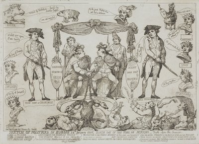 Politisk översikt över Europa, 24 januari 1786 – Preussens kungs födelsedag av Thomas Rowlandson