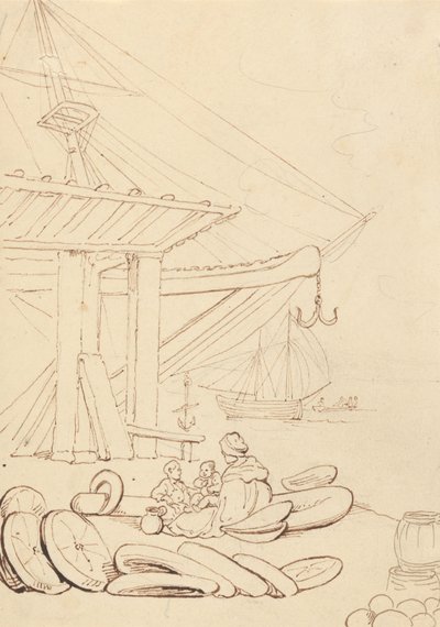 Skiss av en kvinna och barn som sitter på en lastkaj av Thomas Rowlandson