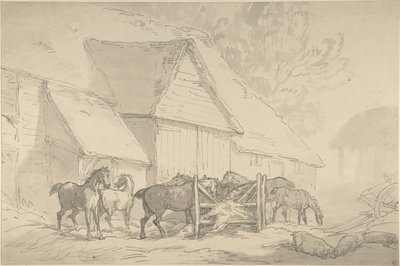 Hästgård med hästar av Thomas Rowlandson