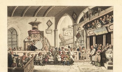 Söndagsgudstjänst i en lantkyrka, Regency Era av Thomas Rowlandson