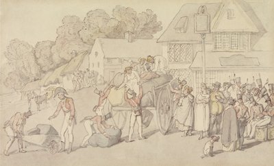 Ankomsten av en milisstyrka till ett värdshus av Thomas Rowlandson