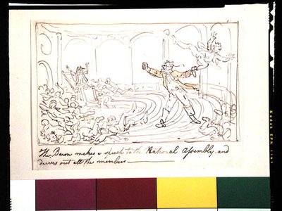 Baronen håller ett tal till nationalförsamlingen och driver ut alla medlemmar (penna & bläck och akvarell på papper) av Thomas Rowlandson