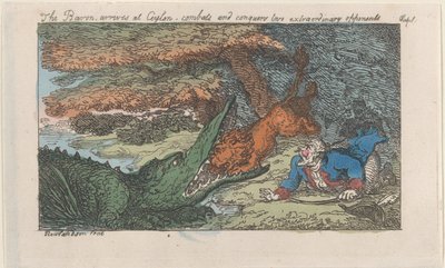 Baronen anländer till Ceylon, bekämpar och erövrar två extraordinära motståndare... [1809], återutgiven 1811. av Thomas Rowlandson