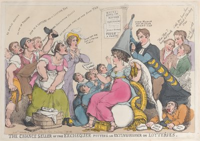 Riskförsäljaren av statskassan sätter en brandsläckare på lotterier, sep..., 18 september 1823. av Thomas Rowlandson