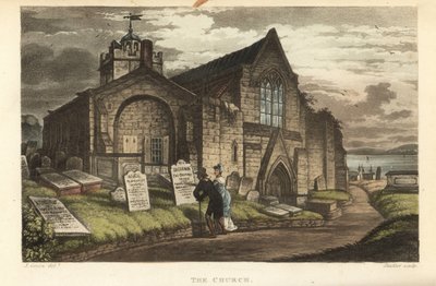 Kyrkan: gamla turister som läser gravstenarna på en gotisk kyrkogård. Handkolorerad kopparstick av Thomas Rowlandson, akvatint av J.C. Stadler, efter en skiss av J. Green från Poetical Sketches of Scarborough, Ackermann, London av Thomas Rowlandson