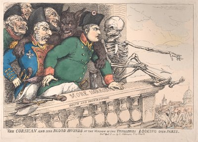 Korsikaneren och hans blodhundar vid fönstret i Thuillerierna ser över P..., 16 april 1815. av Thomas Rowlandson