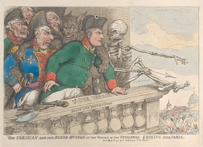 Korsikaneren och hans blodhundar vid fönstret i Thuillerierna ser över P..., 16 april 1815. av Thomas Rowlandson