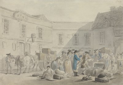 Tullhuset i Boulogne - verso: Grafitskiss av hästar, vagnar och byggnader (penna & bläck & w/c på papper) av Thomas Rowlandson