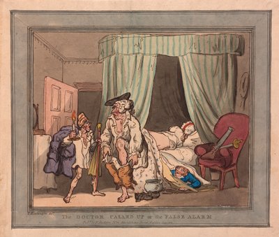 The Doctor Called Up eller False Alarm, pub. 1786 (handfärgad gravyr) av Thomas Rowlandson