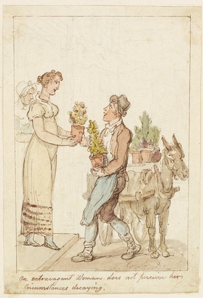 Den extravaganta kvinnan uppfattar inte att hennes förhållanden förfaller av Thomas Rowlandson