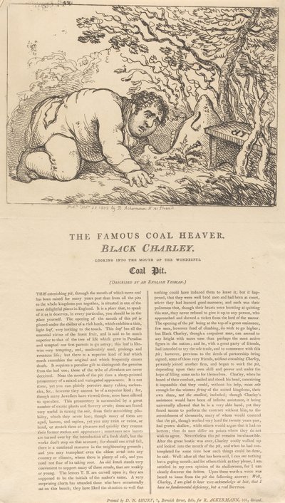 Den berömde kolbäraren Black Charley tittar in i mynningen till det fantastiska kolgruvet av Thomas Rowlandson