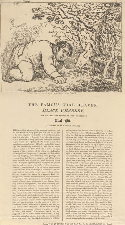 Den berömde kolbäraren, Black Charley, tittar in i mynningen till den fantastiska kolgruvan av Thomas Rowlandson