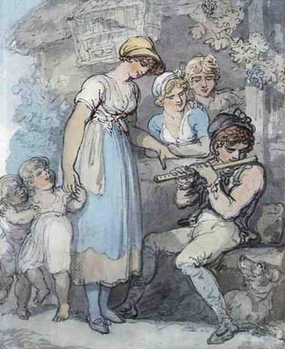 Flöjtspelaren (penna, akvarell och penna på papper) av Thomas Rowlandson